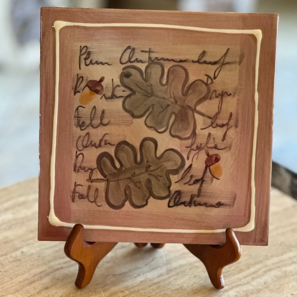 Crate & Barrel Tile Trivet Leaves Made in Italy Hand Painted 8”x 8” Tile Only